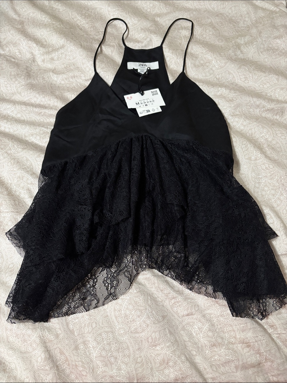 NWT Zara Black Lace Tiered Spaghetti-Strap Cami